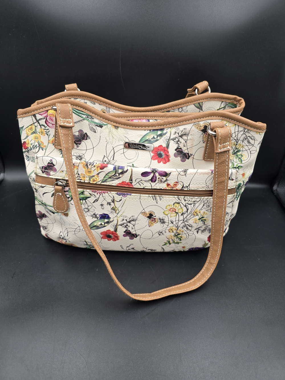 Nicole Lee Floral Cream Shoulder Bag with Tan Trim